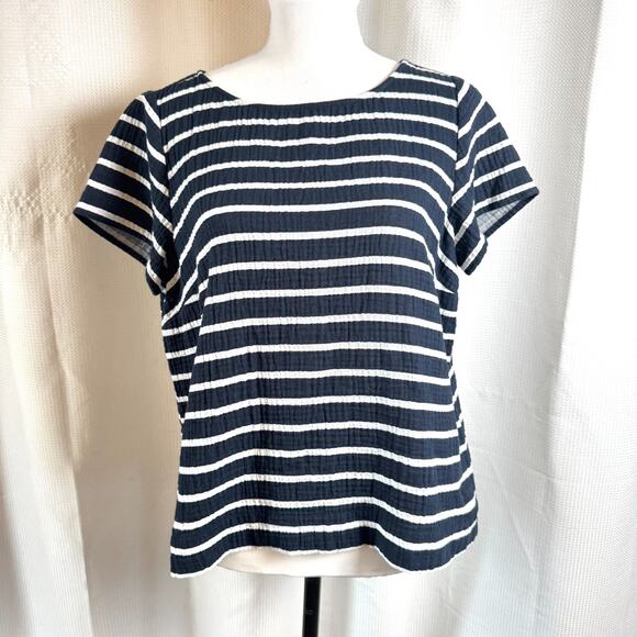 J. Jill Tops - J Jill 100% Cotton Navy Blue Striped Sz M Shirt Top Short Sleeve Nautical in EUC